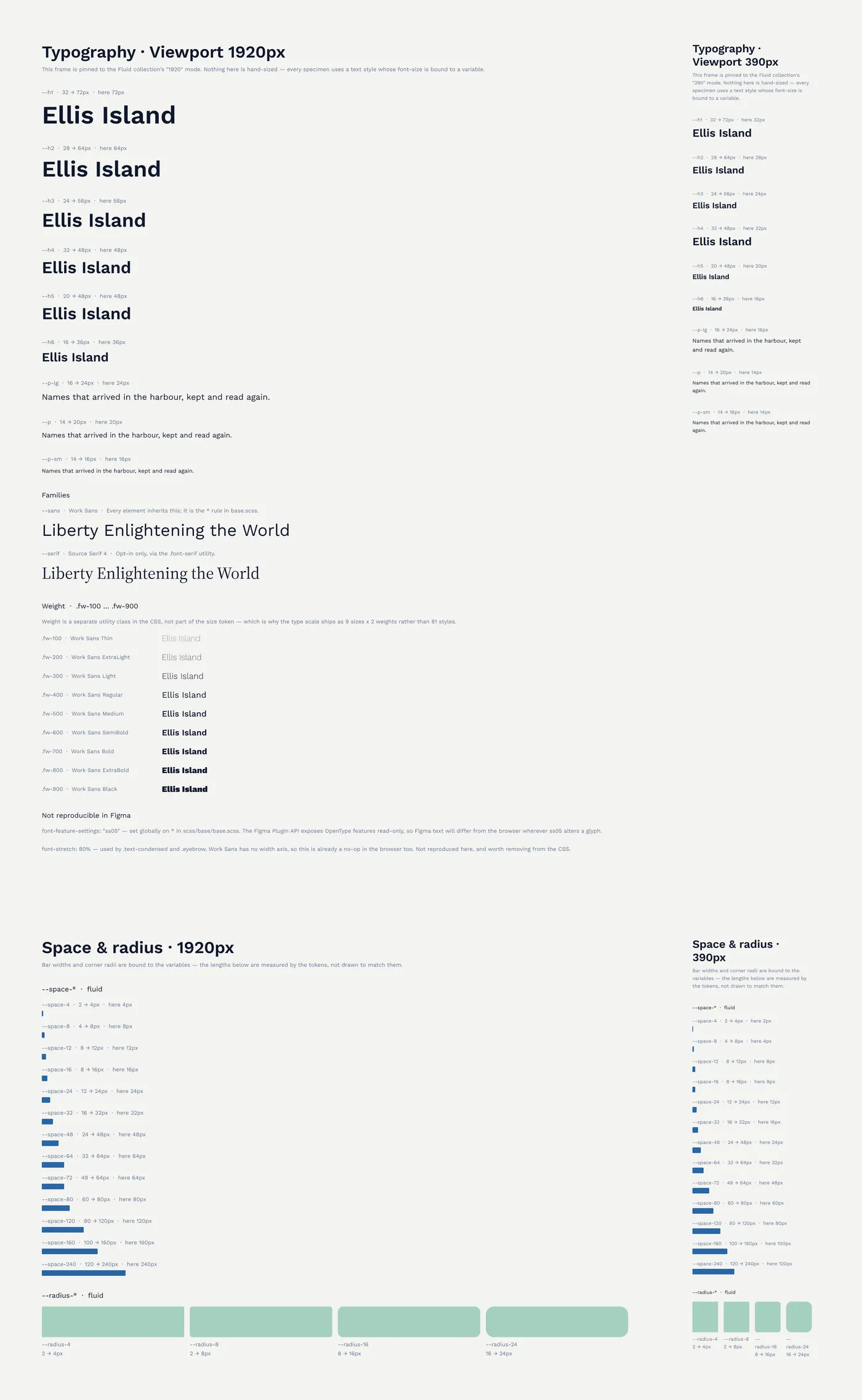 Fluid type and spacing tokens, grid utilities, page scaffold